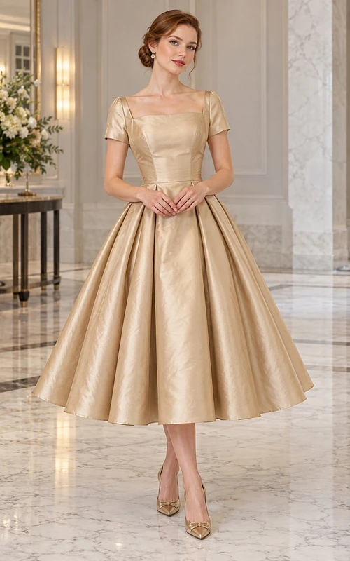 Robe vintage mi-longue en satin doré à manches courtes et col carré, col rond et évasée