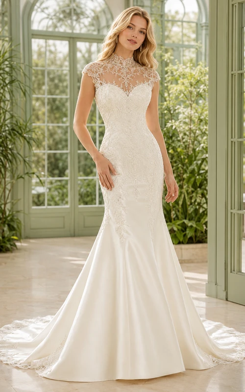 High Neck Illusion Lace Cap Sleeve Mermaid Chapel Train Wedding Dress