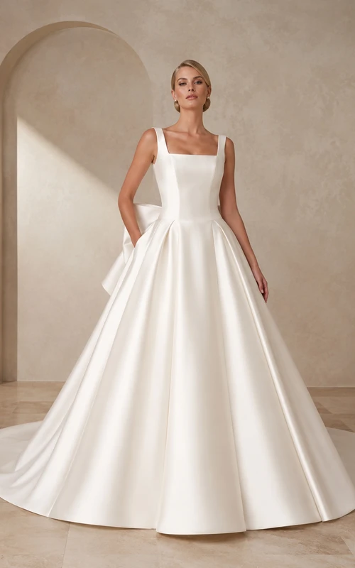 Robe de mariée classique en satin à col carré et dos nu avec nœud