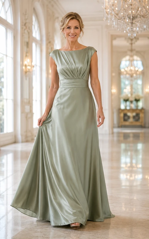 Salbeigrünes Satin-Kleid in A-Linie mit U-Boot-Ausschnitt und plissiertem Oberteil