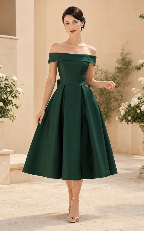 Dark Green Off-the-shoulder Petal Sleeve Satin A-Line Tea-length Romantic Cocktail Dress