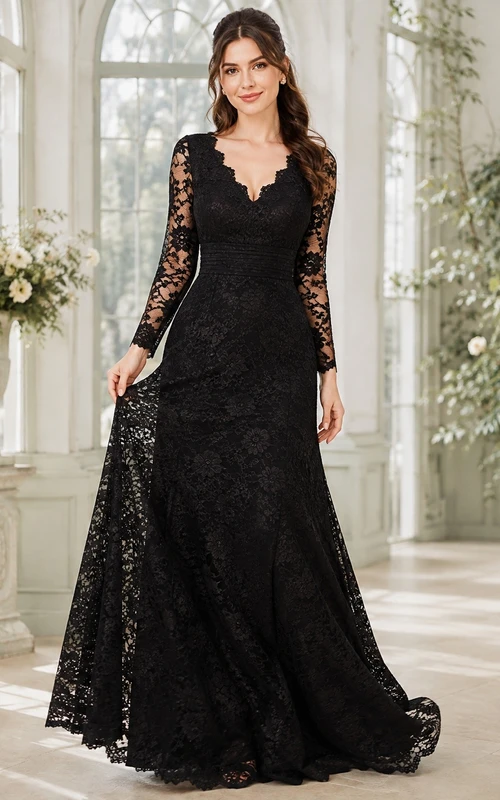 Black Lace Scalloped-Neck Long-Sleeve A-Line Sweep-Train Romantic Evening-Gown