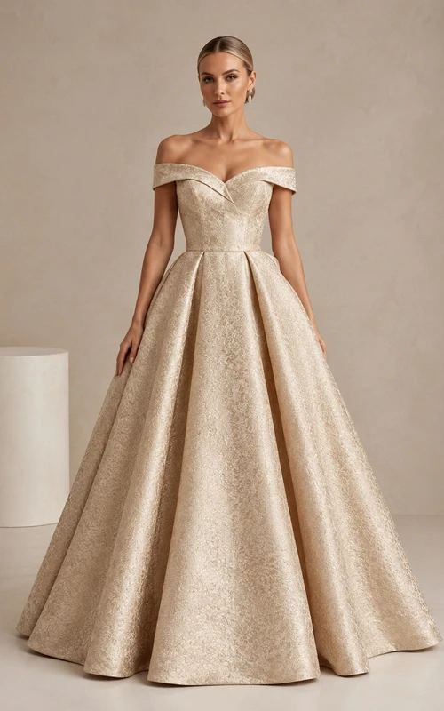 Champagne Taffeta Off-the-Shoulder Ball Gown Pleated Formal Dress