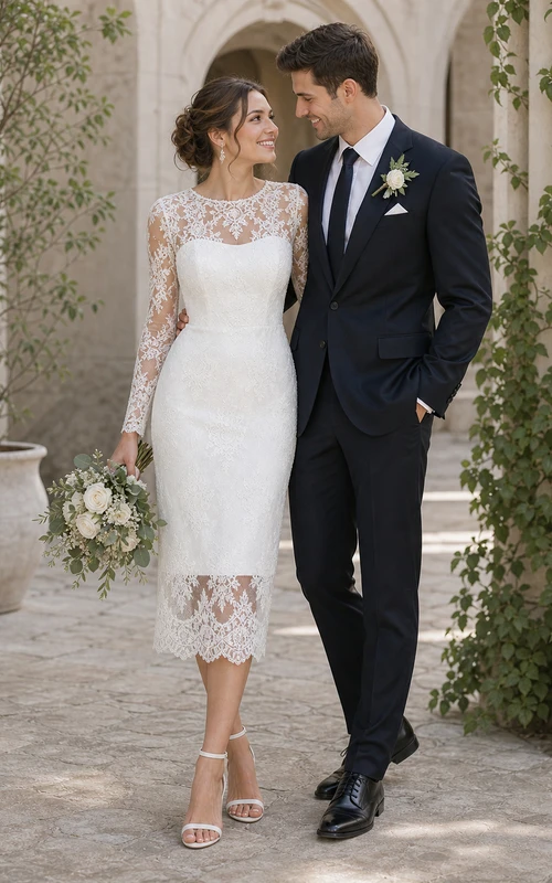 Robe de mariée courte fourreau dos fendu, longueur cheville, ornée d'appliqués de dentelle illusion