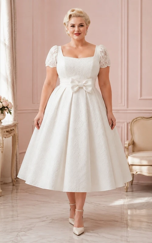 Schlichtes, wadenlanges Brautkleid im Stil der 1950er Jahre aus Satin in Übergröße mit eckigem Ausschnitt, Puffärmeln und A-Linien-Schnitt