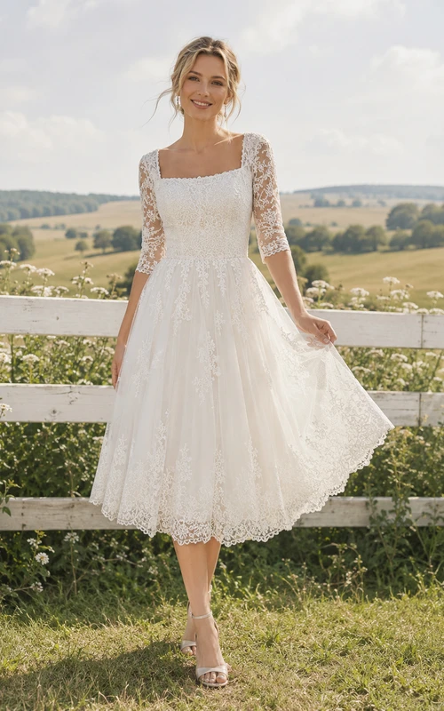 Vestido de novia campestre modesto de estilo vintage, largo hasta la rodilla, escote cuadrado y mangas tres cuartos de encaje.