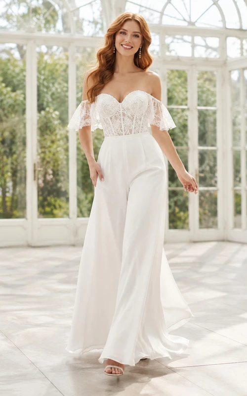 Satin Lace Wedding Jumpsuit Off Shoulder Short Sleeve Sweep Train