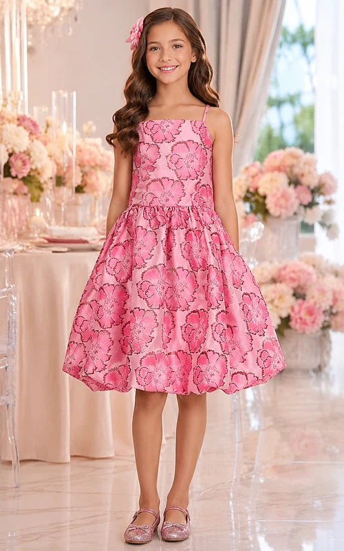 Bonbonrosa knielanges A-Linien-Kleid aus Satin für Blumenmädchen mit Schleife