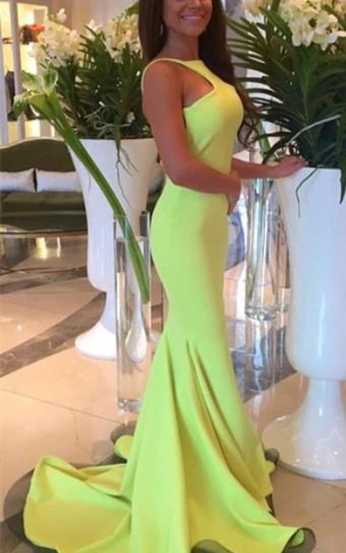 Sexy Meerjungfrauen-Abendkleid mit offenem Rücken, Schleppe und Strasssteinen, ärmellos