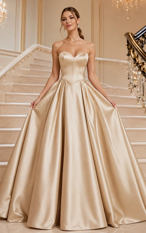 Champagne Strapless Sweetheart Satin Ball Gown Pleated Floor Length Prom Dress