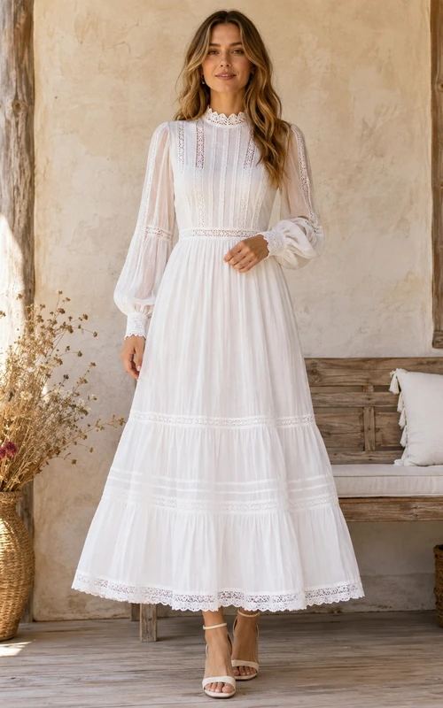 White High Neck Long Sleeve Tiered Chiffon Formal Gown