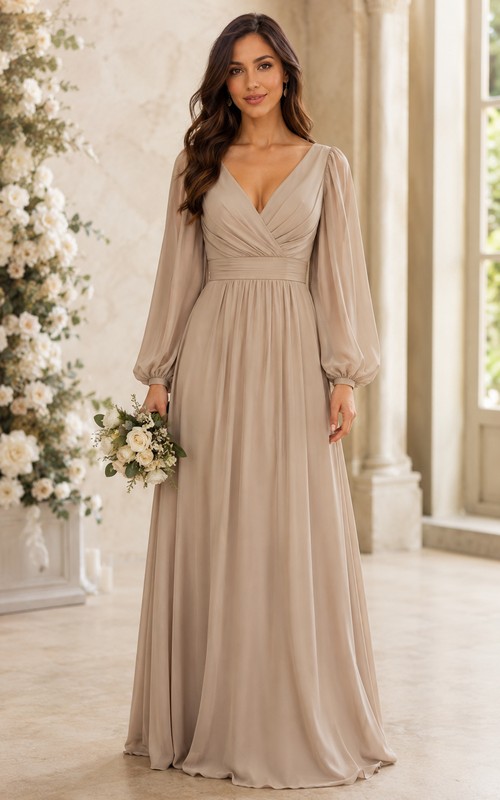 taupe long sleeve bridesmaid dresses V-neck A-Line Chiffon Dress Stretch lace fabric through