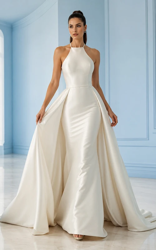 Robe de mariée moderne en satin dos nu avec jupon amovible et traîne chapelle, ornée d'un col halter et d'une surjupe convertible en satin.