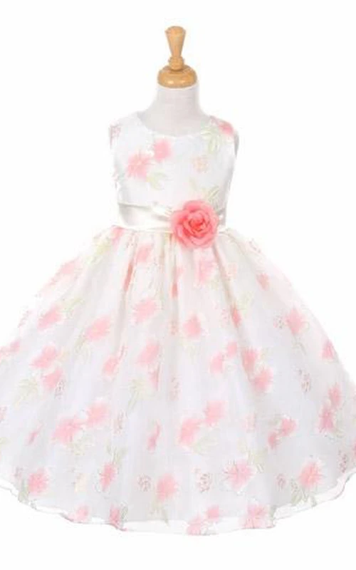 Tea-Length Tiered Organza&Satin Flower Girl Dress