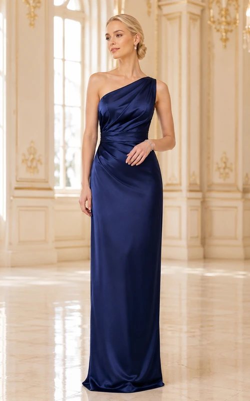 Midnight Blue One Shoulder Satin Floor Length Sheath Gown