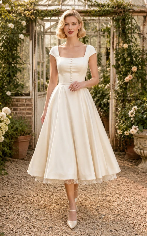 Robe de mariée vintage en satin à manches courtes et longueur thé, idéale pour une escapade champêtre.