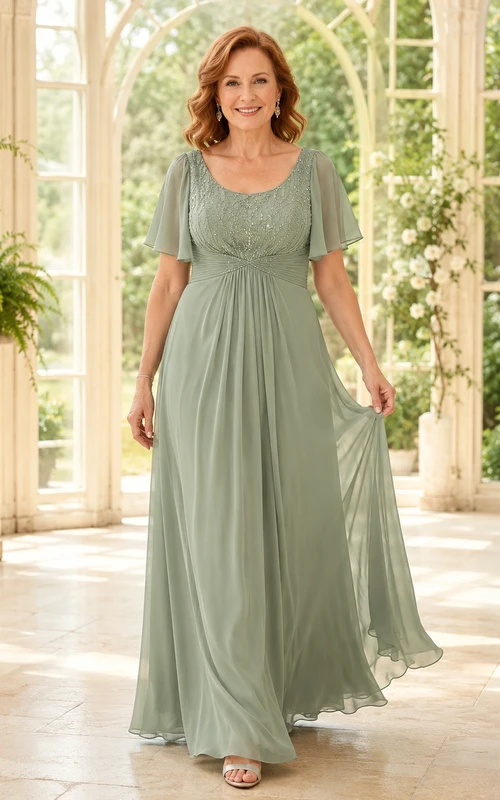 Elegantes, bodenlanges Chiffonkleid in Salbeigrün für reife Mütter mit Rundhalsausschnitt, flatternden Ärmeln, Perlenbesatz, Empire-Taille und A-Linie.