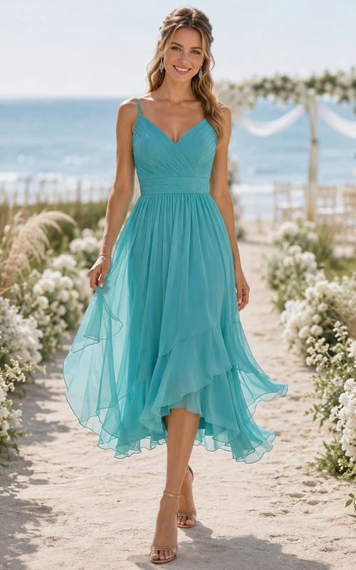 Turquoise V Neck Spaghetti Chiffon High Low Guest Dress