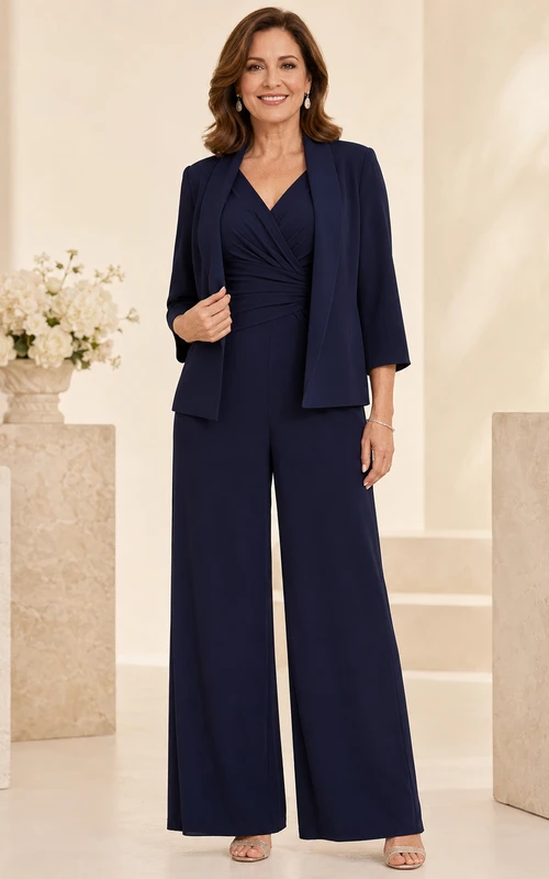 Mother Dark Navy Chiffon Pantsuit with V-Neck Short Jacket and Wide Leg Pants