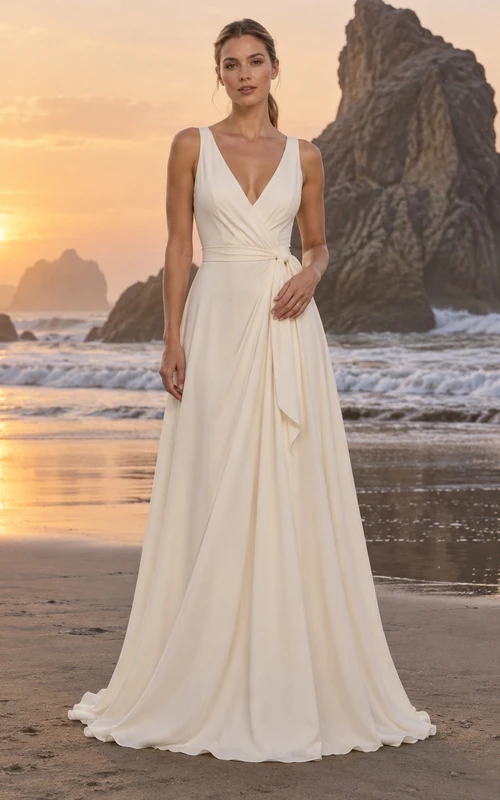 Vestido de novia sencillo de corte A, largo hasta el suelo, sin mangas, con escote en V y drapeado, en crepé de China.