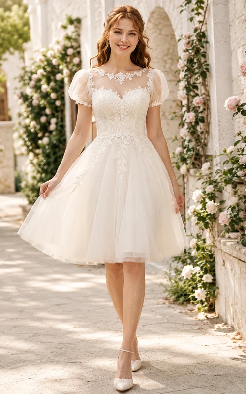 Short Romantic Jewel Neck Puff Sleeve Lace Tulle Knee Length A-Line Wedding Dress