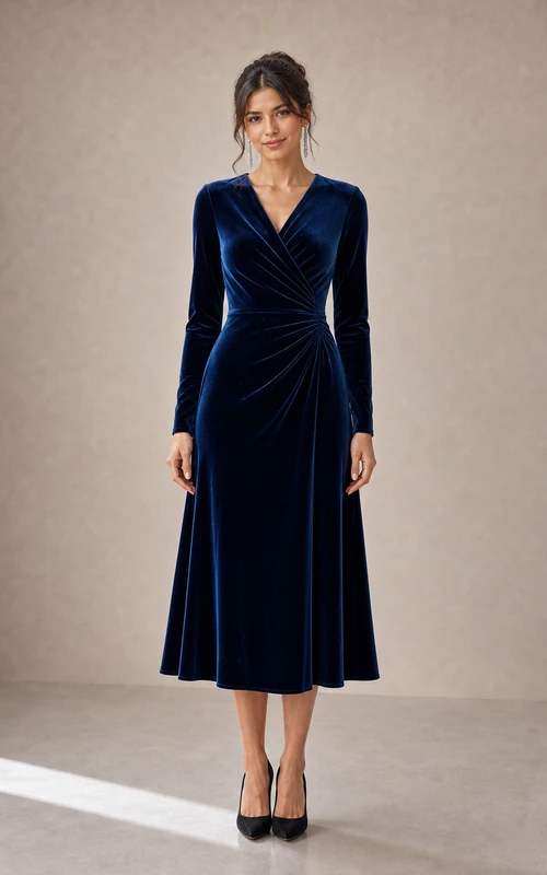 Dark Navy Velvet V-Neck Long Sleeve Midi Sheath Dress