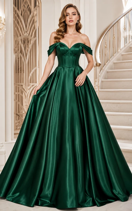 Dark Green Vintage Off Shoulder Sweetheart Satin Quinceanera Princess Formal Ball Gown