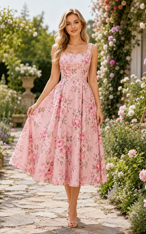 Pink Floral Spaghetti Strap Fit And Flare Midi Dress