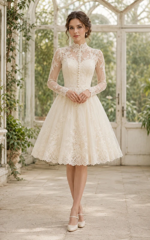 Cap Sleeve Lace Tea-Length Wedding Dress with Soft Tulle Skirt