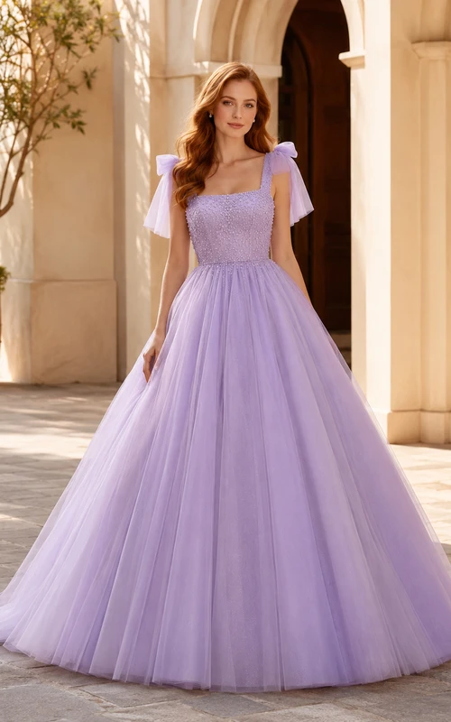 Robe de mariée lavande en satin et tulle, coupe trapèze, col carré, bretelles nœud, bretelles et nœud.