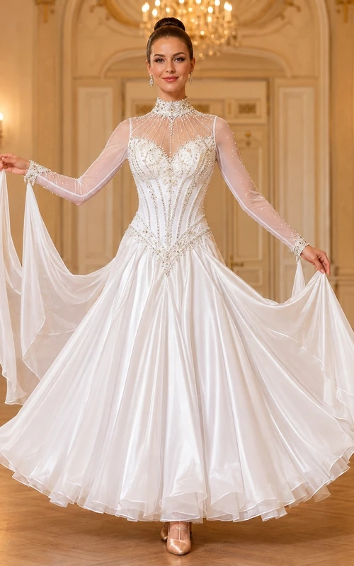 Beaded Tulle V-neck Long Sleeve Ball Gown Sweep Train Formal Dress
