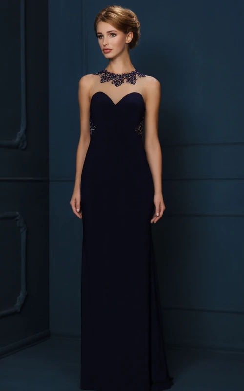 Sheath High-Neck Sleeveless Floor-Length Crystal Jersey Evening Dress