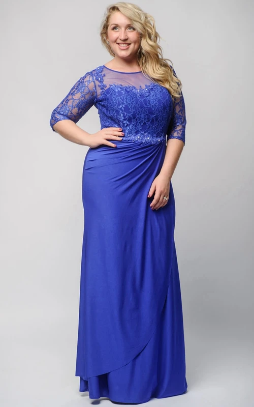 Robe fourreau longue à manches courtes en jersey ornée de perles et de dentelle, fermeture éclair.