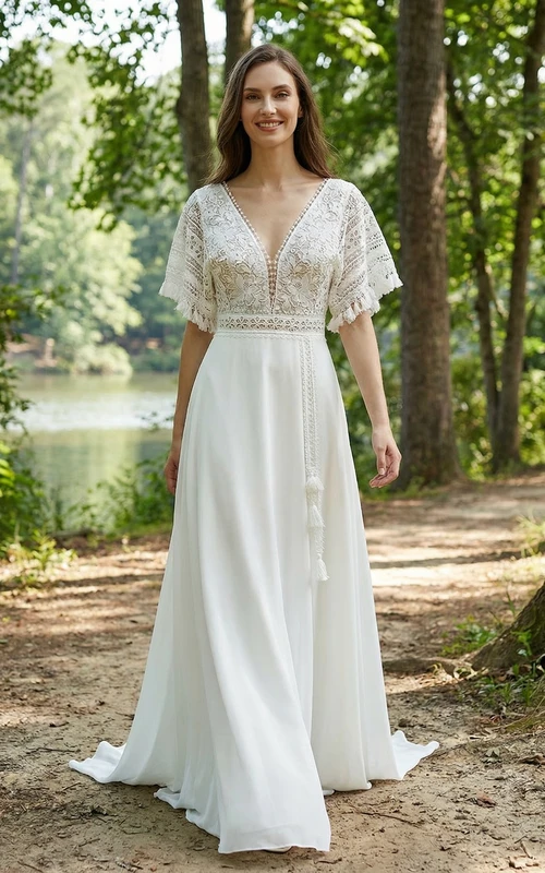 Robe de mariée bohème en mousseline à col en V et cape