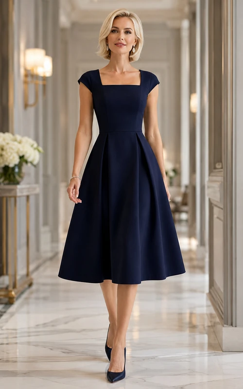 Vestido de invitada de corte A, largo midi, largo hasta la rodilla, de satén, manga corta, corte cuadrado, color azul marino oscuro, con pliegues y cremallera en la espalda.