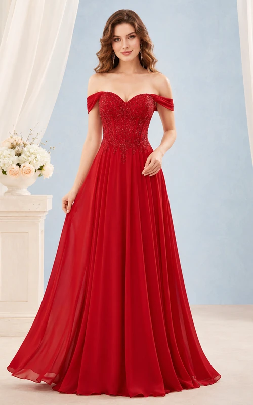 Elegante vestido de noche romántico de gasa con encaje, escote corazón y hombros descubiertos, corte en A y largo hasta el suelo, color rojo.