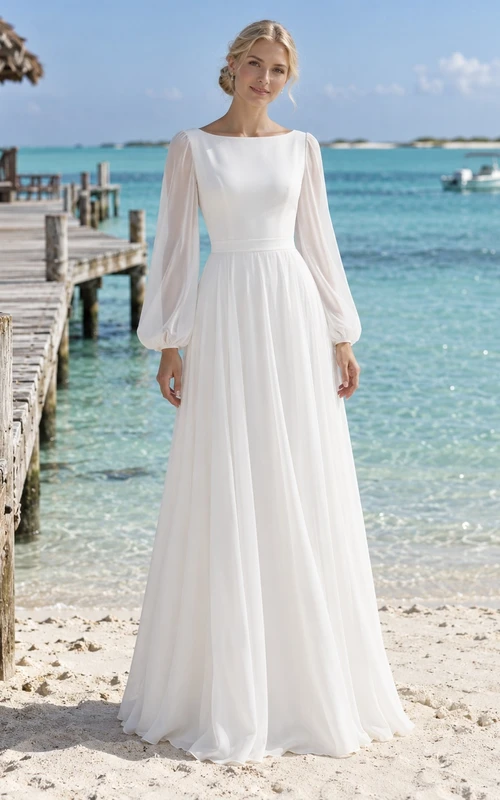 Vestido de novia de gasa de manga larga con escote barco discreto y falda lisa de corte A hasta el suelo.