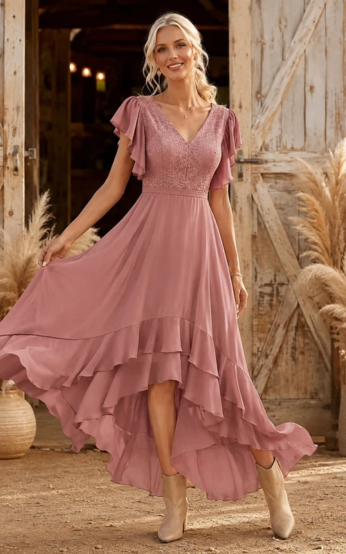 Altrosafarbenes, kurzärmeliges, gestuftes Chiffonkleid mit asymmetrischem Saum und Rüschen in A-Linie