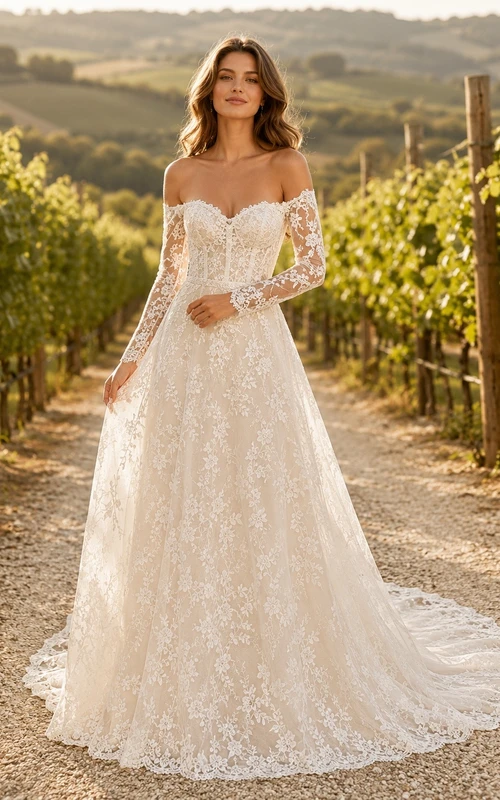 Vestido de novia formal de corte A con hombros descubiertos, romántico y elegante.