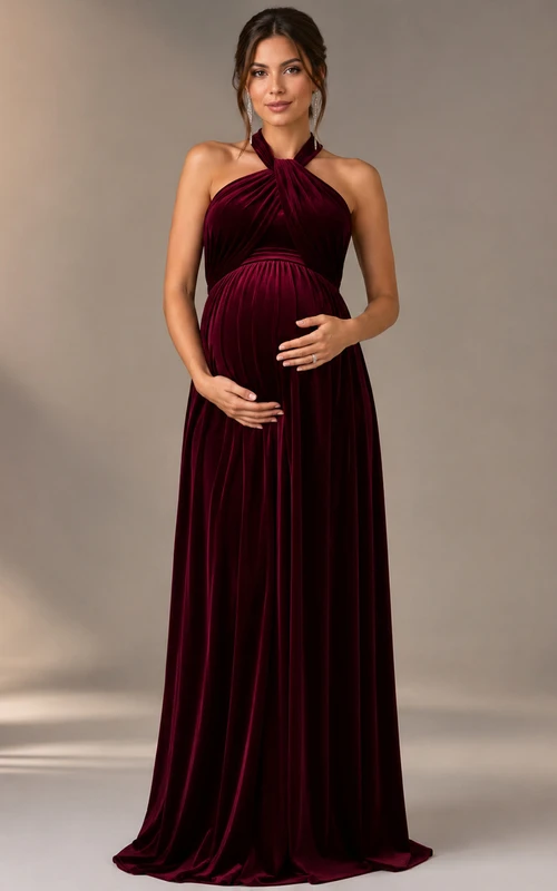 Maternity A-Line Maternity Dress with Halter, Sleeveless and Pleats, Floor Length
