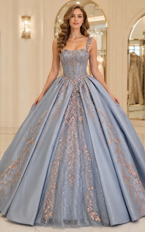 Vestido de fiesta formal de princesa de satén de lujo con escote cuadrado en color azul empolvado y oro rosa para quinceañera