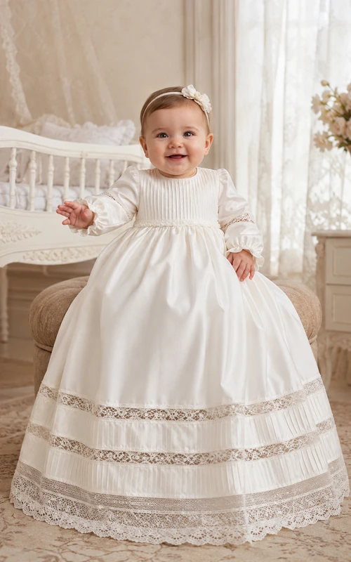 Vestido de bautizo para bebé con corpiño plisado, corte en A, manga larga y volantes de encaje.