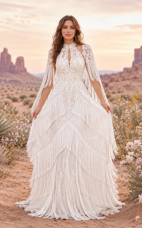 Vestido de novia formal de corte A con cuello alto y manga larga, estilo bohemio.