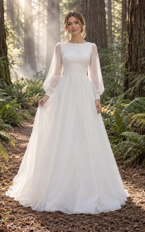 Vestido de novia sencillo de organza hasta el suelo, de corte A, con escote barco y botones, de manga larga.
