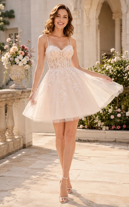 Romantic Short Sweetheart Spaghetti Lace Tulle Garden Adorable Wedding Dress