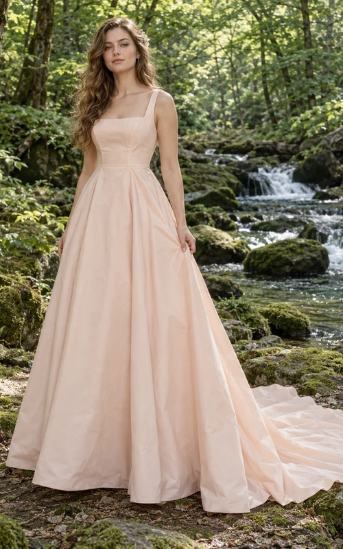 Schlichtes, ärmelloses, plissiertes Brautkleid in A-Linie mit eckigem Ausschnitt und Schleppe in zart