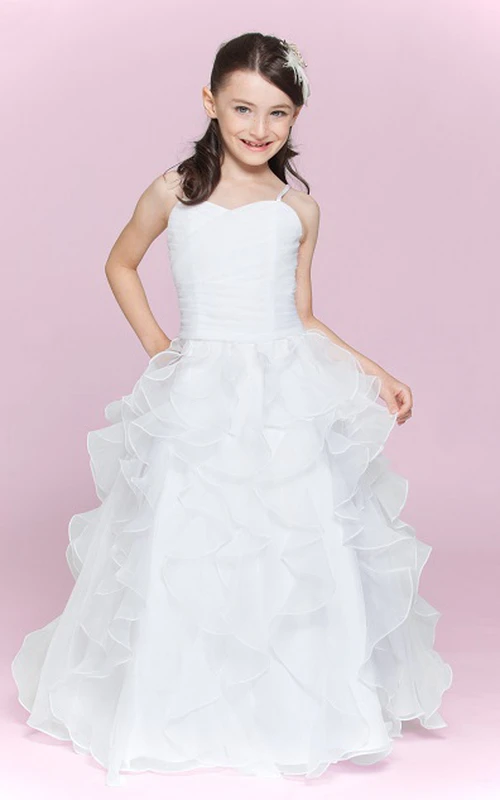 Vestido largo de organza con tirantes finos y volantes, ideal para niñas de las flores.