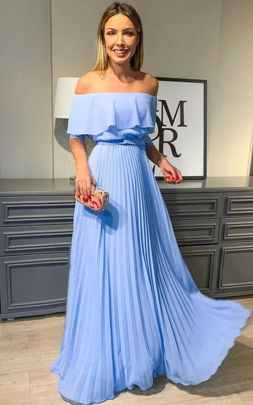 Robe de soirée bleue empire plissée à épaules dénudées et coupe trapèze, longue jusqu'au sol