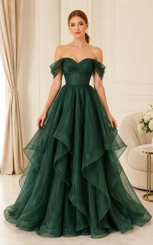 Vestido de fiesta de organza verde oscuro de talla grande con escote Bardot y corpiño tipo corsé.