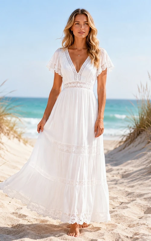 Boho Kurzarm Strandkleid Weiß V-Ausschnitt Stufenrock